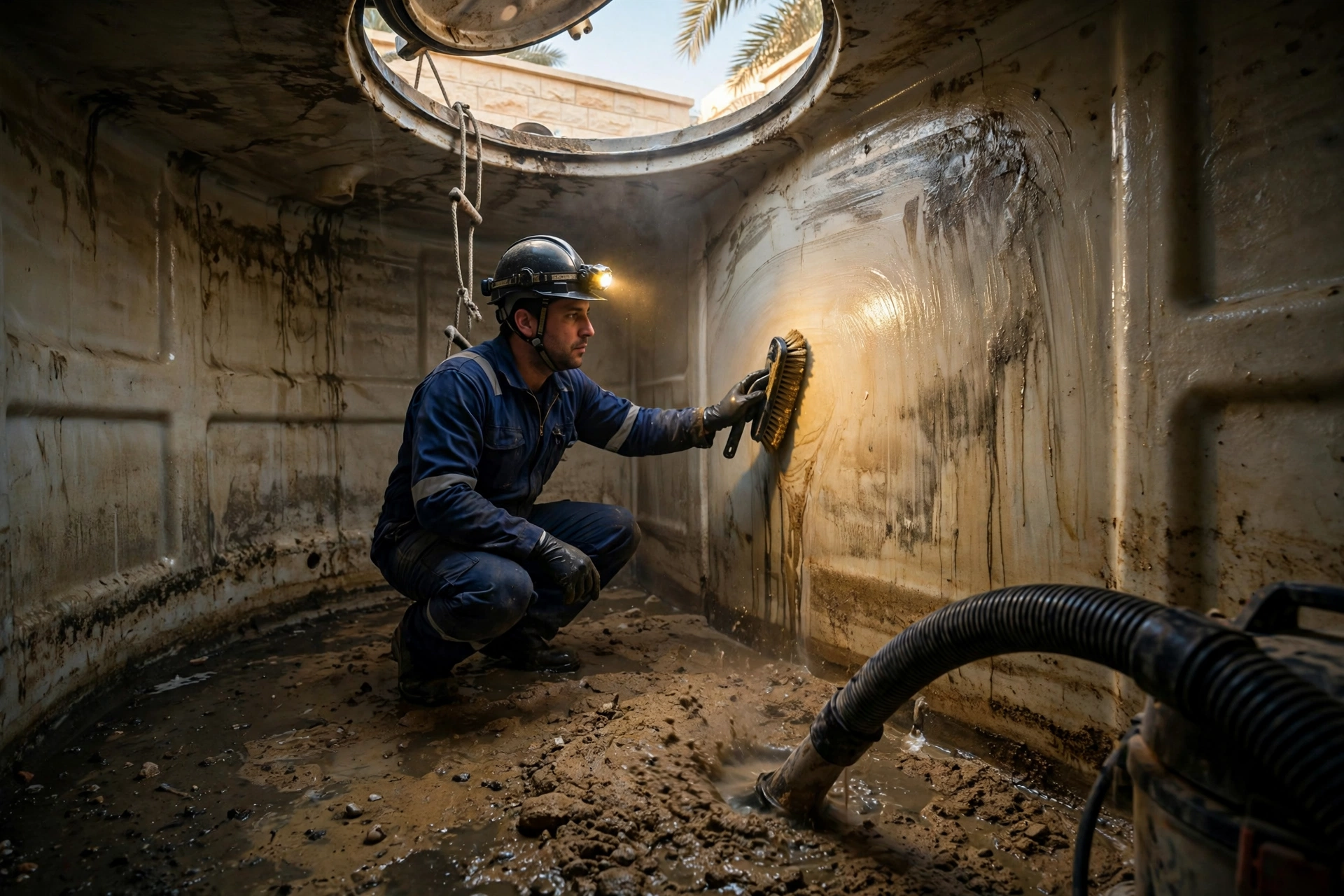 Underground water tank maintenance: plumber scrubbing fiberglass tank walls