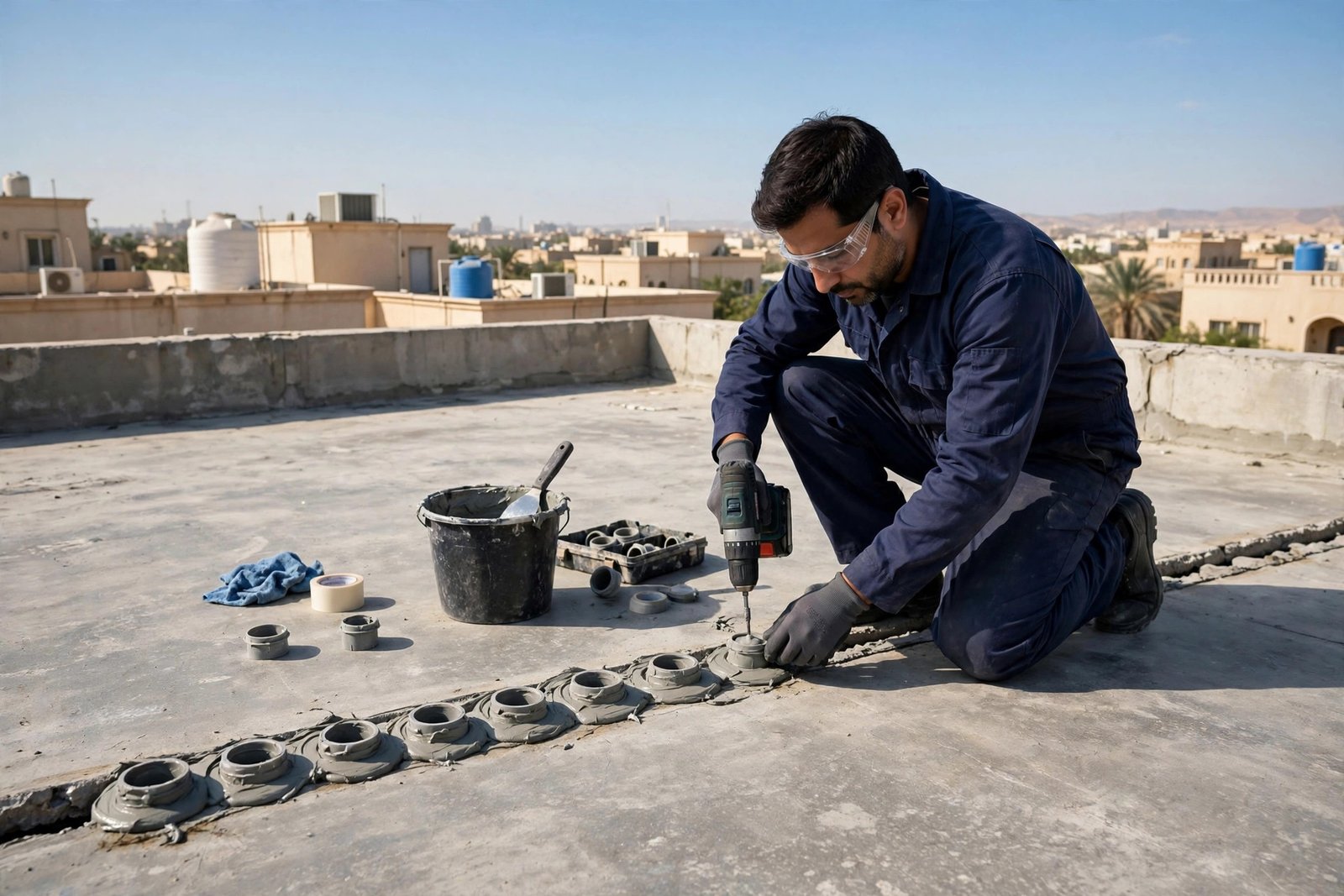 Waterproofing technician installing injection ports for concrete crack injection repair on a villa rooftop in Riyadh