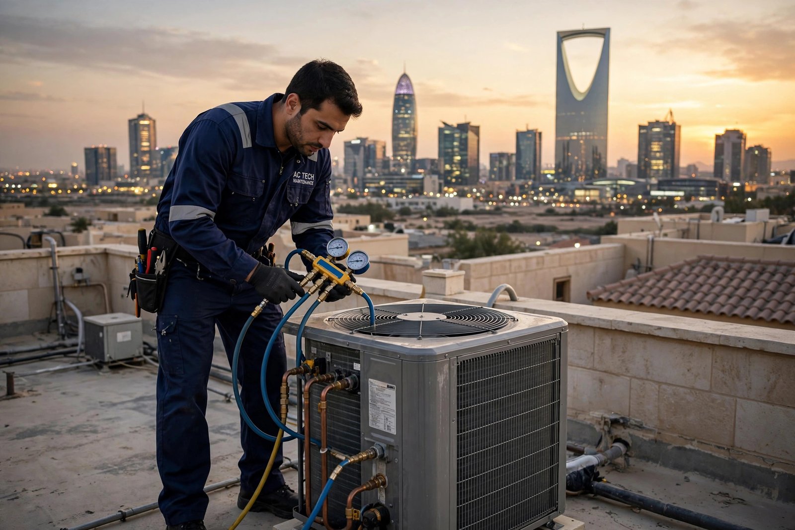 ramadan ac preparation: technician checking freon levels on a rooftop condenser unit in Riyadh