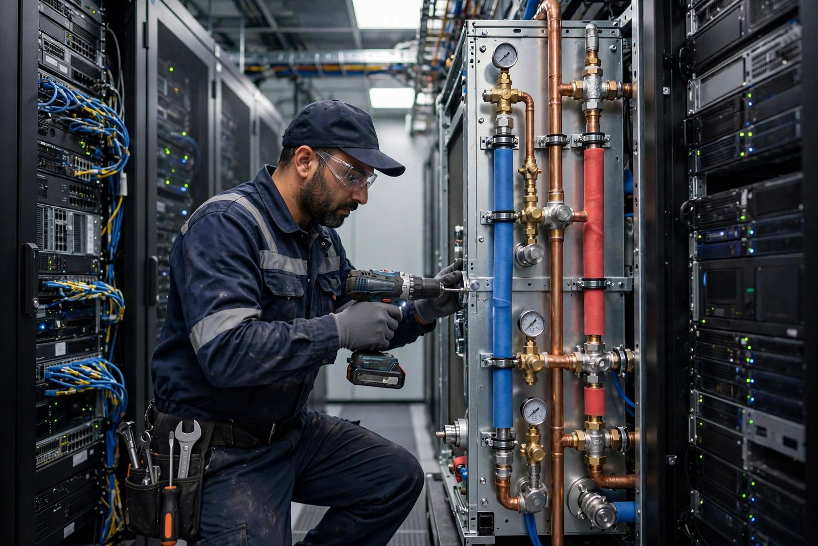 In-row precision AC unit installation in a Riyadh data room, close-up of a server room AC installation Riyadh project