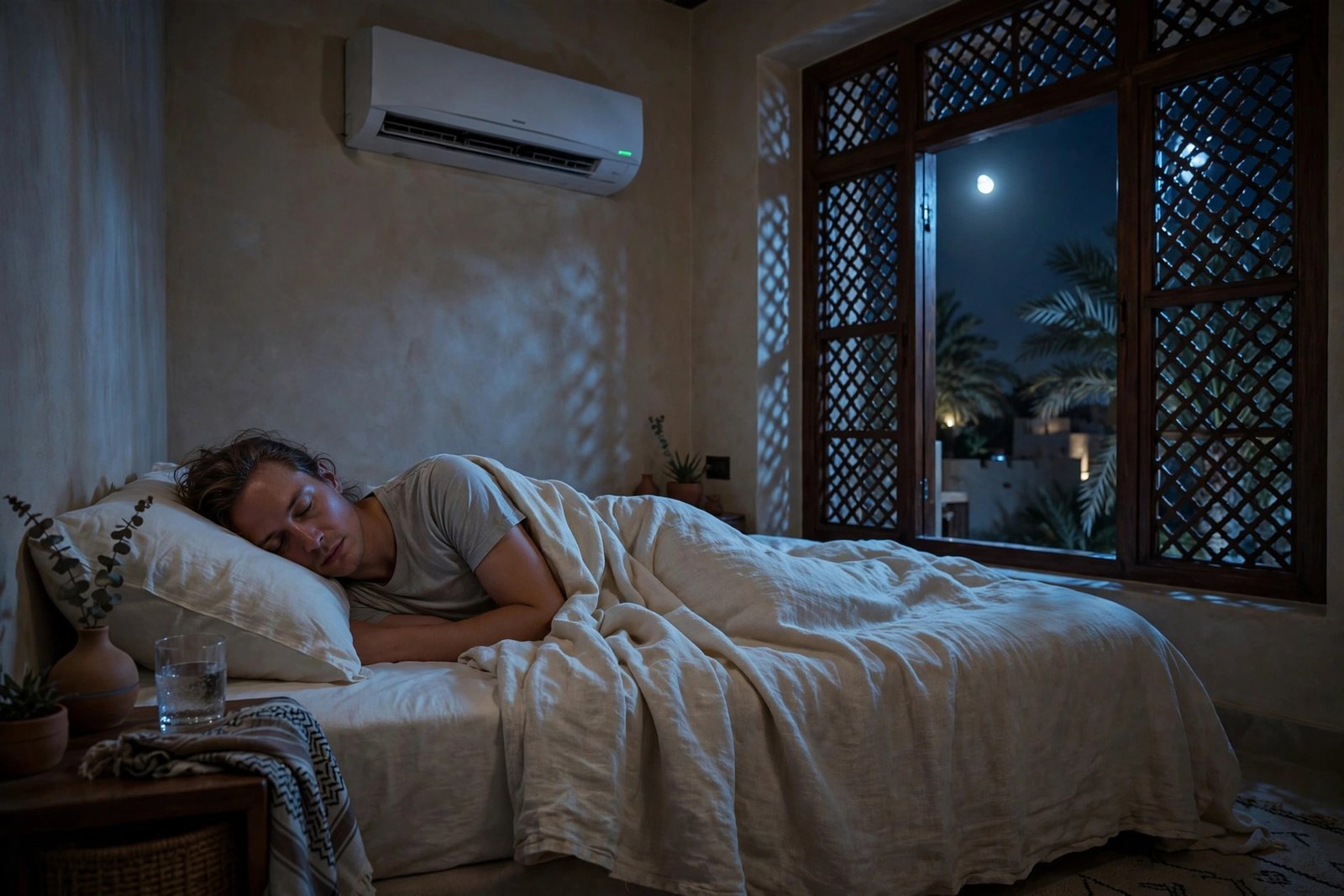 Person sleeping comfortably thanks to ac sleep mode timer tricks in a cool Riyadh bedroom