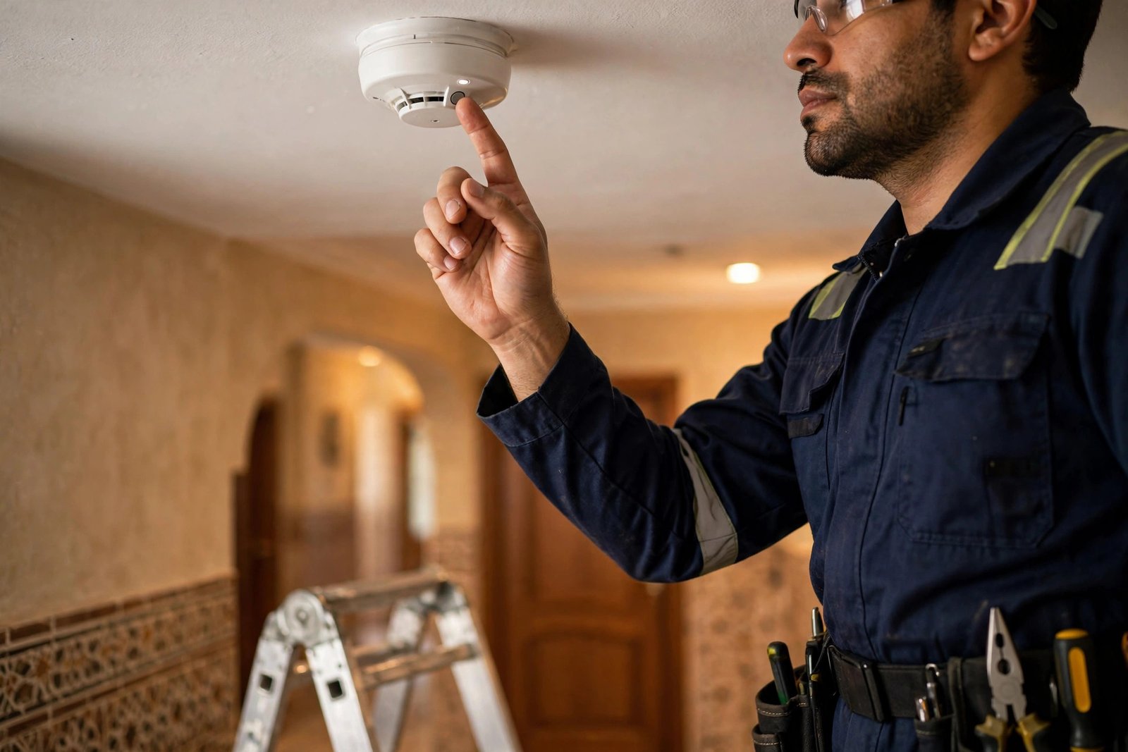Testing a smoke detector installed under smoke detector placement rules in a Riyadh home hallway
