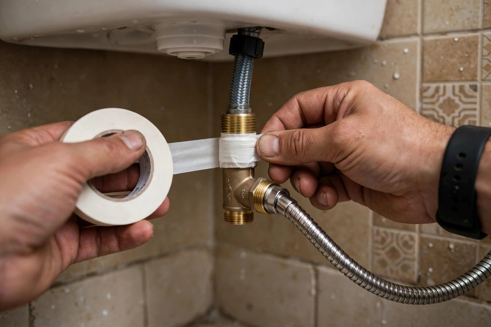 Teflon tape wrapped on a T-valve, a key shattaf installation tip Riyadh plumbers use