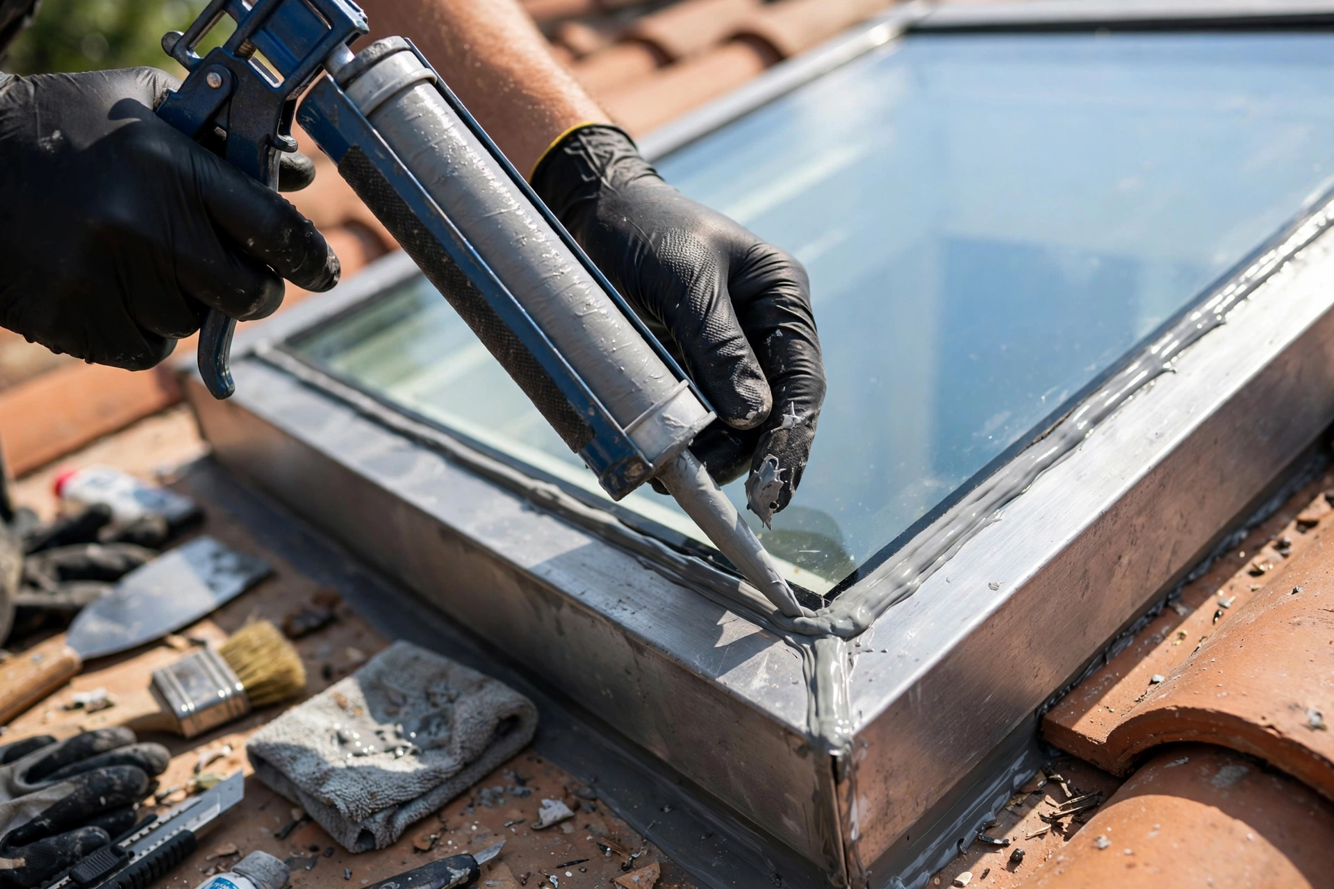 Applying roof-grade sealant to skylight flashing as a skylight leaking rain fix