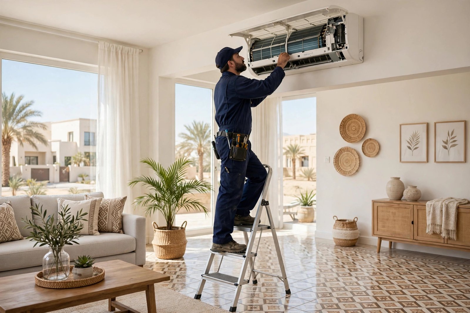 Indoor split AC noisy parts inspection with technician opening wall-mounted unit