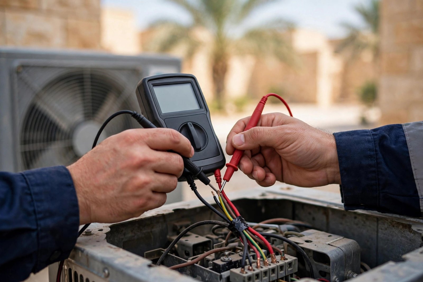 Technician diagnosing an ac fan motor not working with a multimeter on outdoor unit wiring in Riyadh
