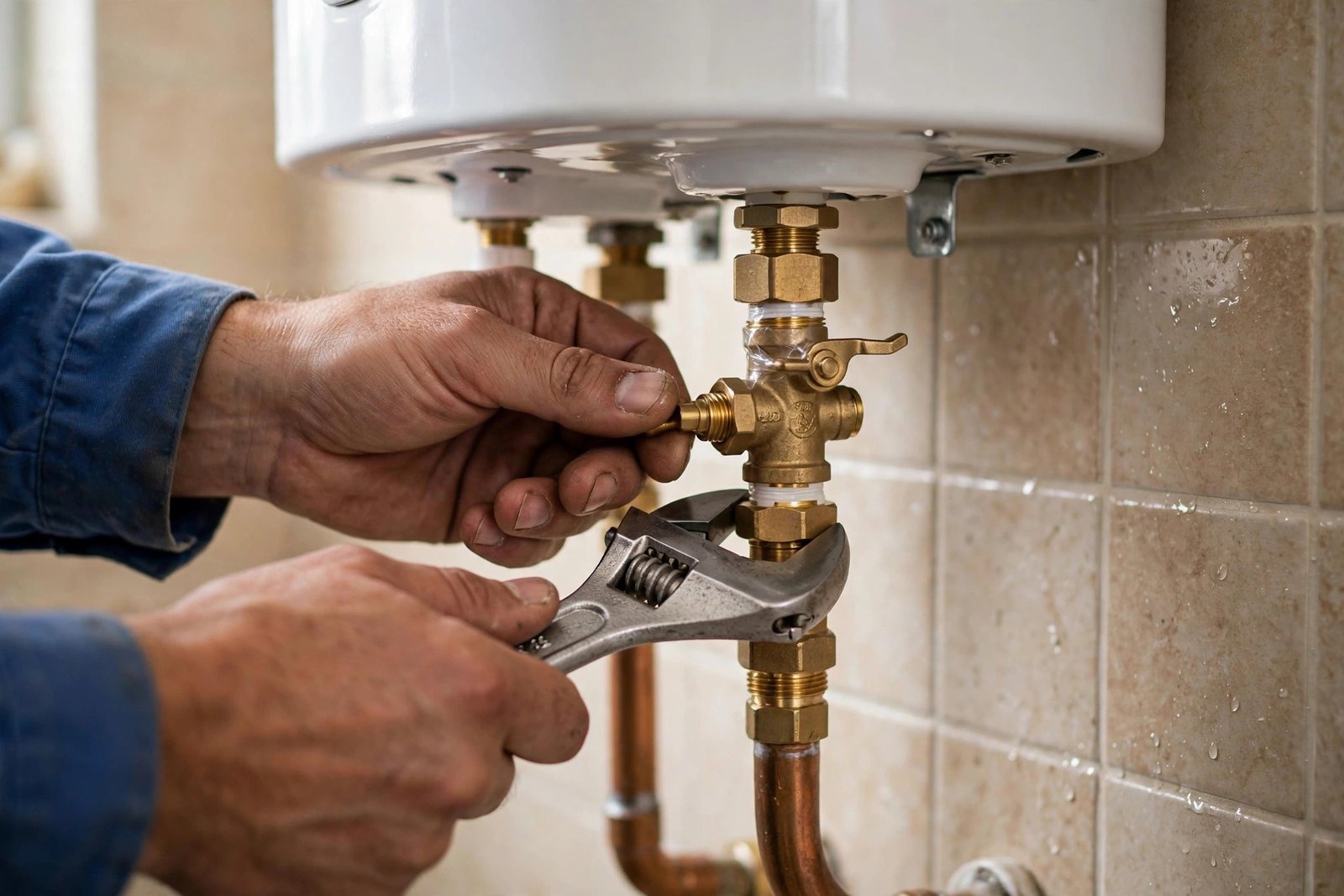 Technician connecting hot and cold water pipes during a water heater installation cost riyadh job