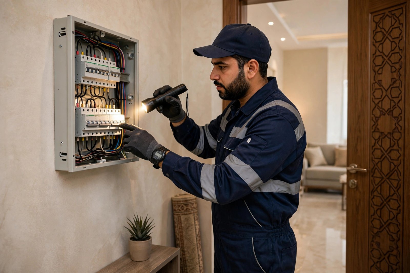 Power outage one room checks at a residential circuit breaker panel in Riyadh