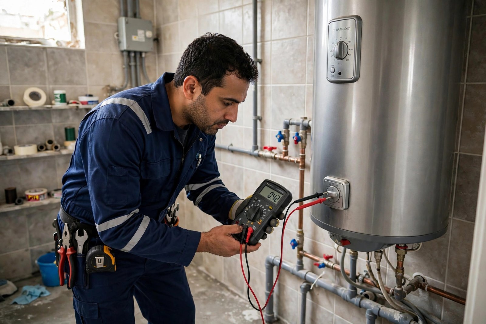 Technician testing a water heater thermostat with a multimeter, a frequent sakhana not heating cause
