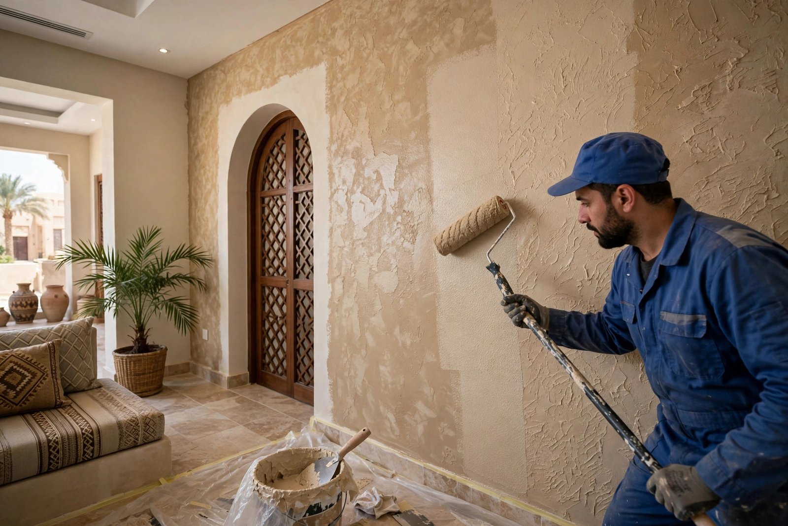 Uniformed painter rolling textured wall paint styles onto a villa accent wall in Riyadh