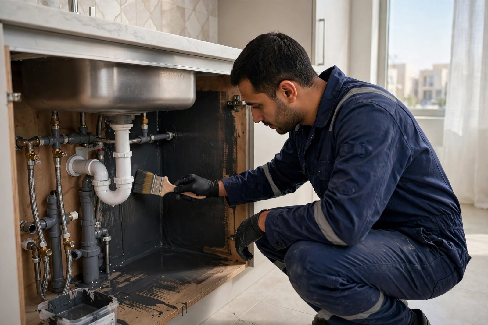 Under sink cabinet waterproofing zone: technician applying waterproof membrane beneath kitchen cabinets