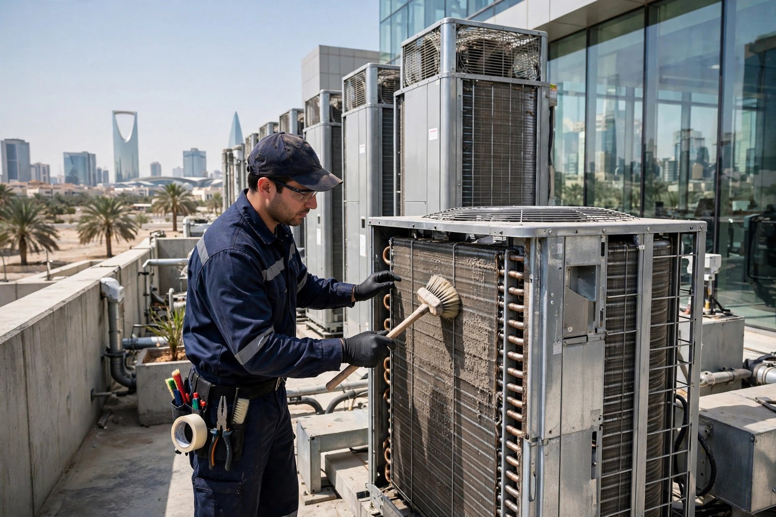 Technician cleaning condenser coils of commercial VRF outdoor units during a VRV maintenance cost Riyadh service visit