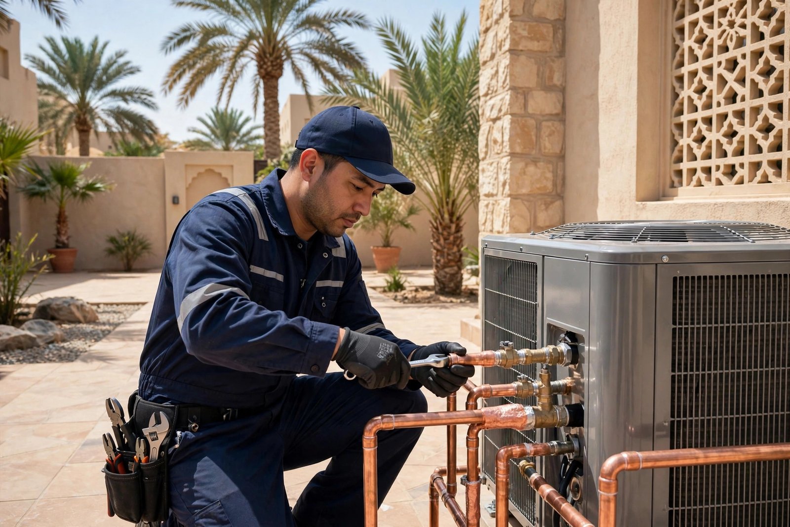 VRF system design villa basics: technician connecting refrigerant piping at a Riyadh villa