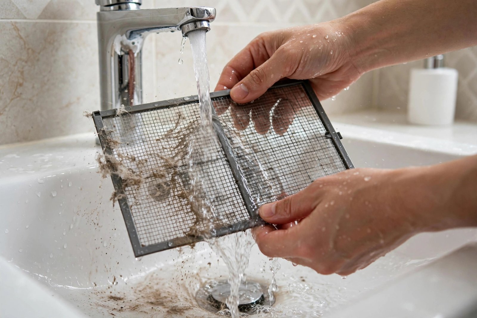 Rinsing a dusty split AC filter under running tap water to clean split AC filter home safely