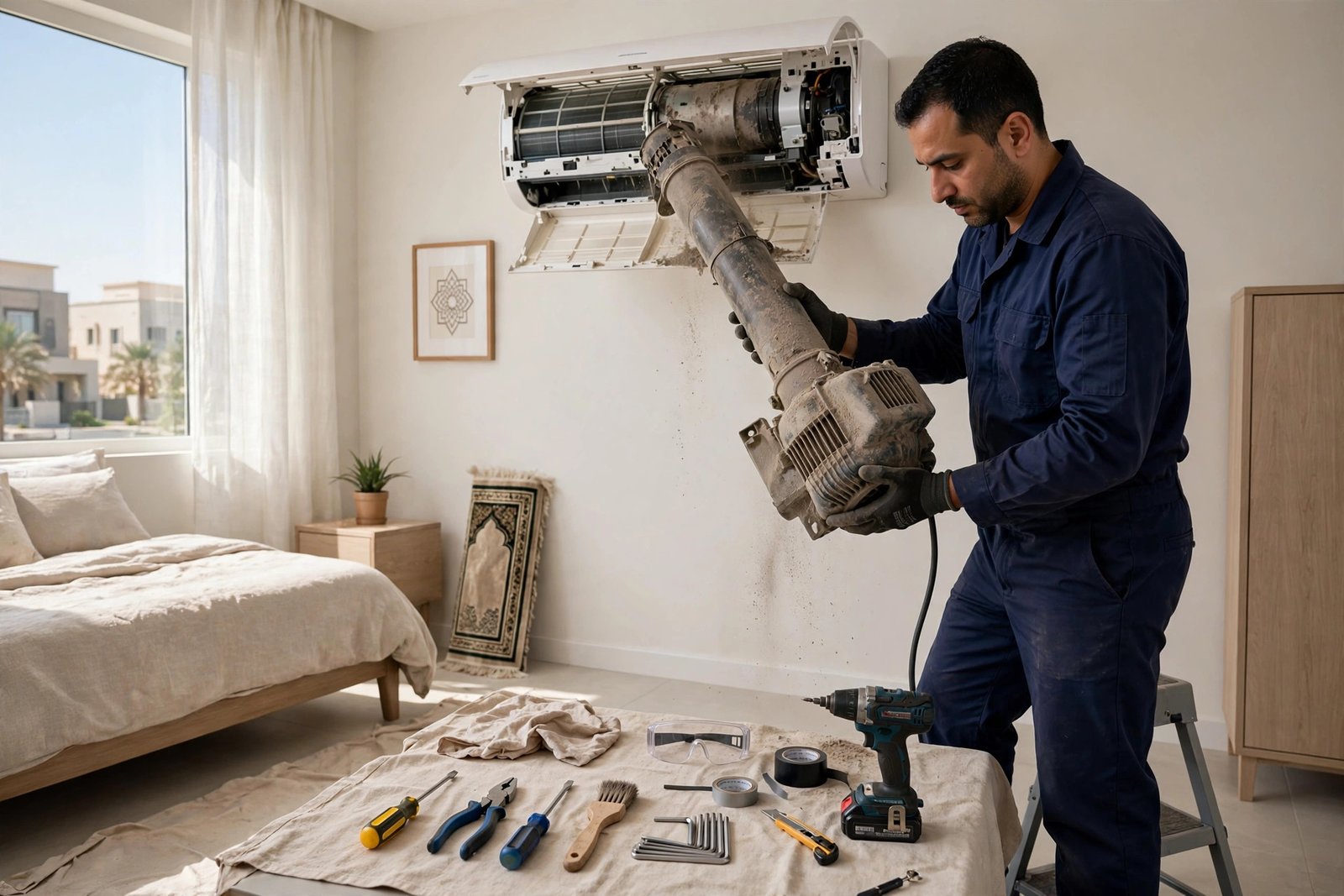 Technician removing a dusty blower motor from a split AC indoor unit in a Saudi home