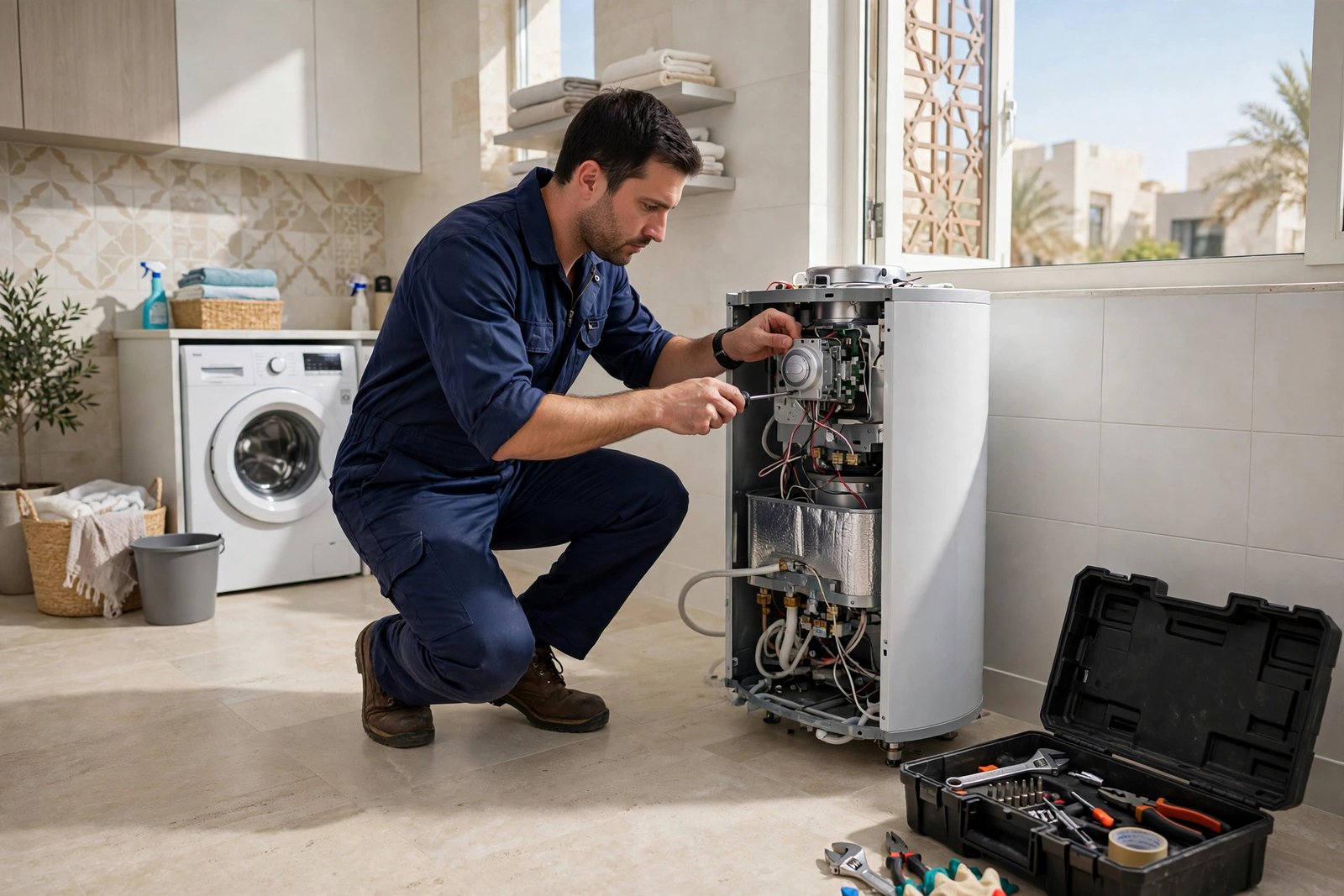 Technician replacing a faulty water heater thermostat, a common sign of thermostat failure in Riyadh villas