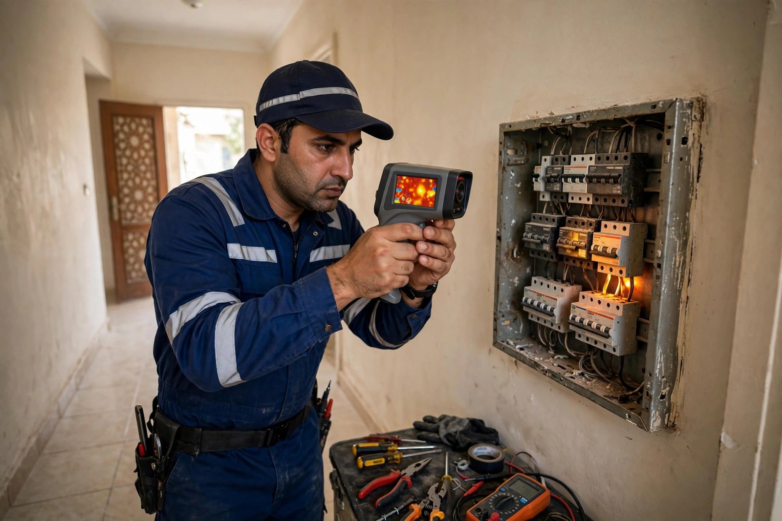 Electrician scanning an old panel for db panel upgrade signs with a thermal camera