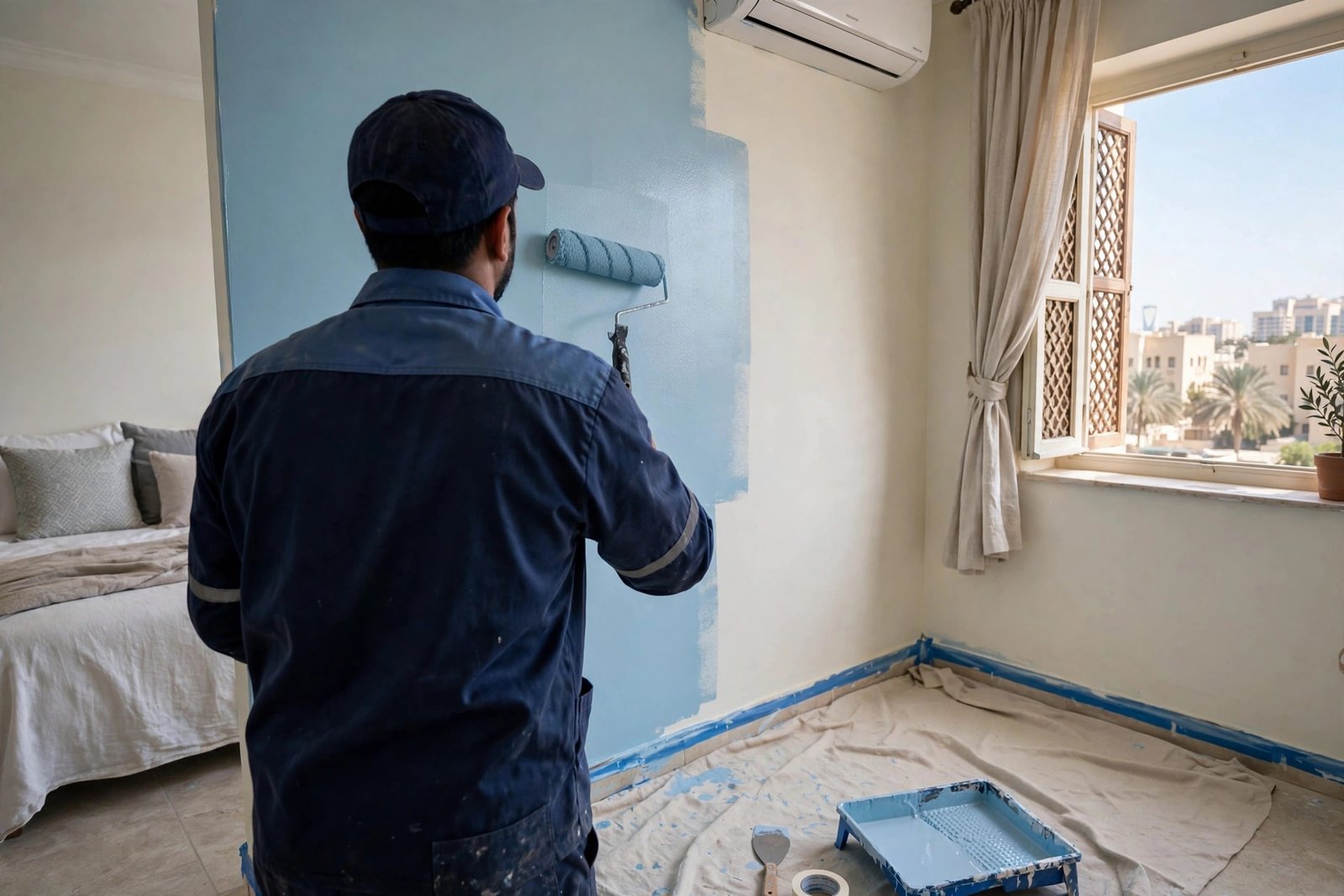 Professional painter demonstrating wallpaper vs paint differences in a Riyadh home