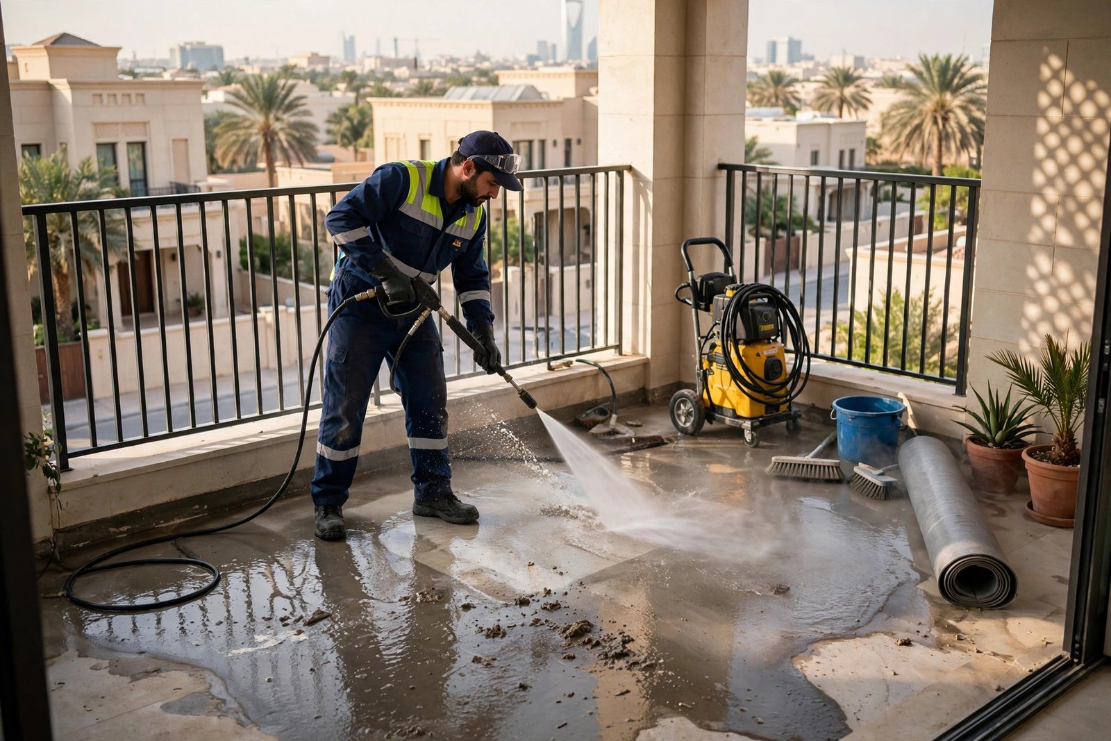 Surface cleaning and preparation, a critical stage of the balcony waterproofing steps in Riyadh