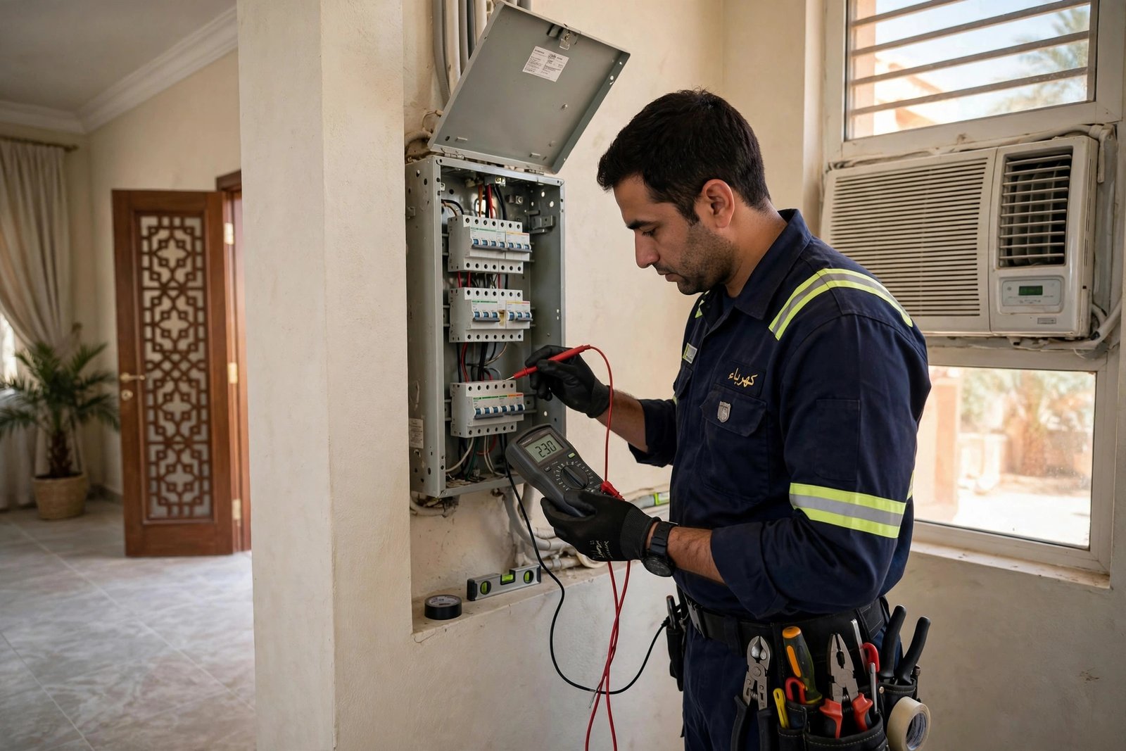 Electrician testing circuit breaker panel for the lights flicker AC turns on issue in Riyadh