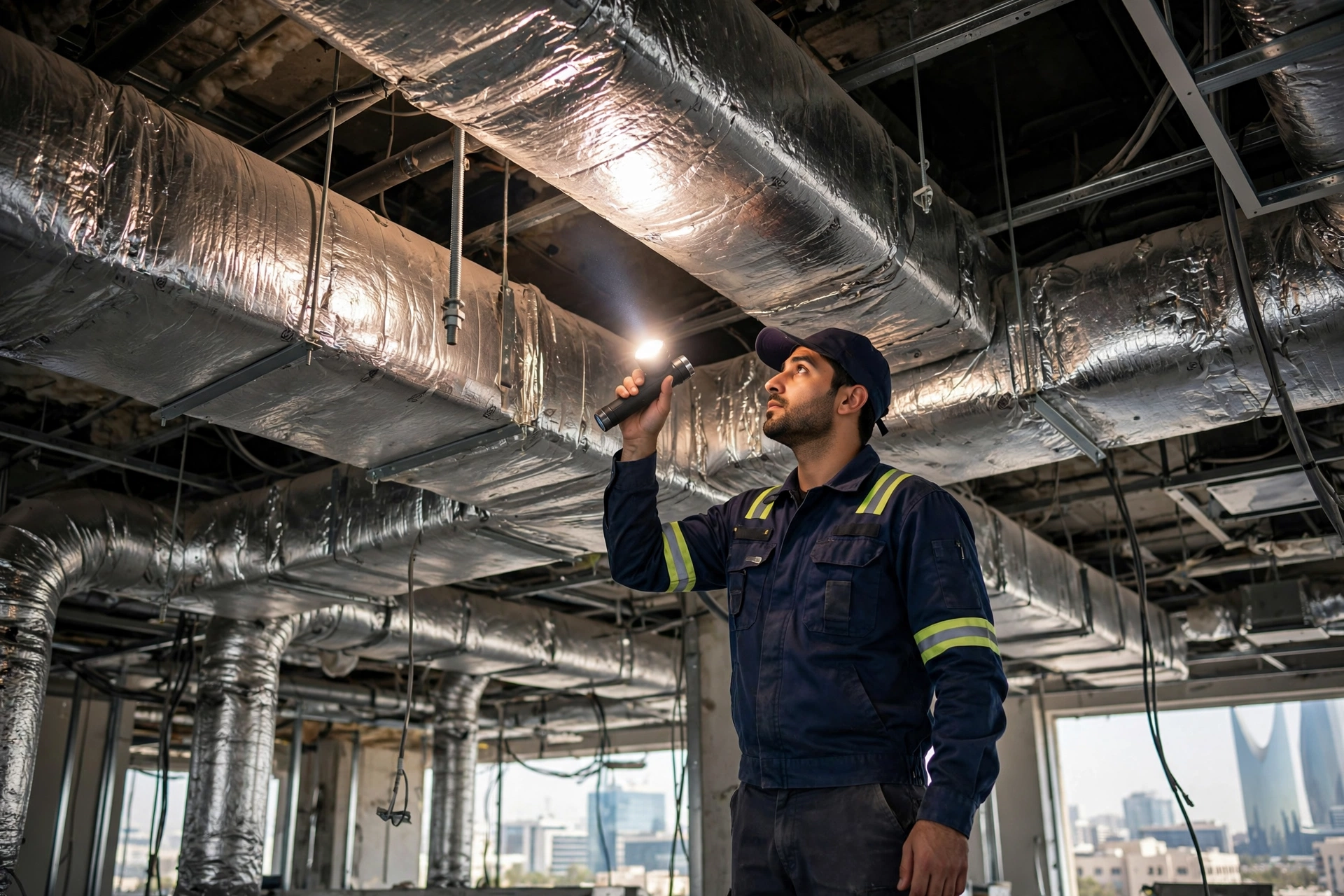 Technician inspecting insulated ducts for a concealed ducted AC system in a Riyadh commercial building