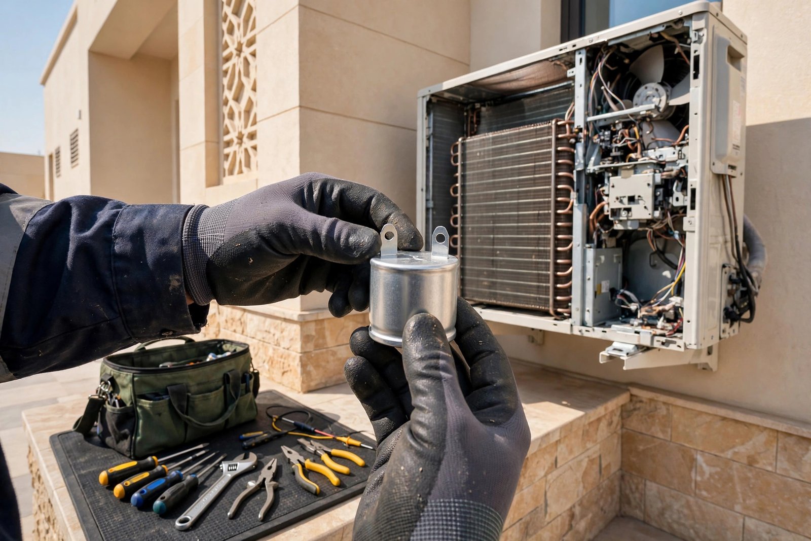AC capacitor replacement cost riyadh: technician holding a new run capacitor beside a condenser unit