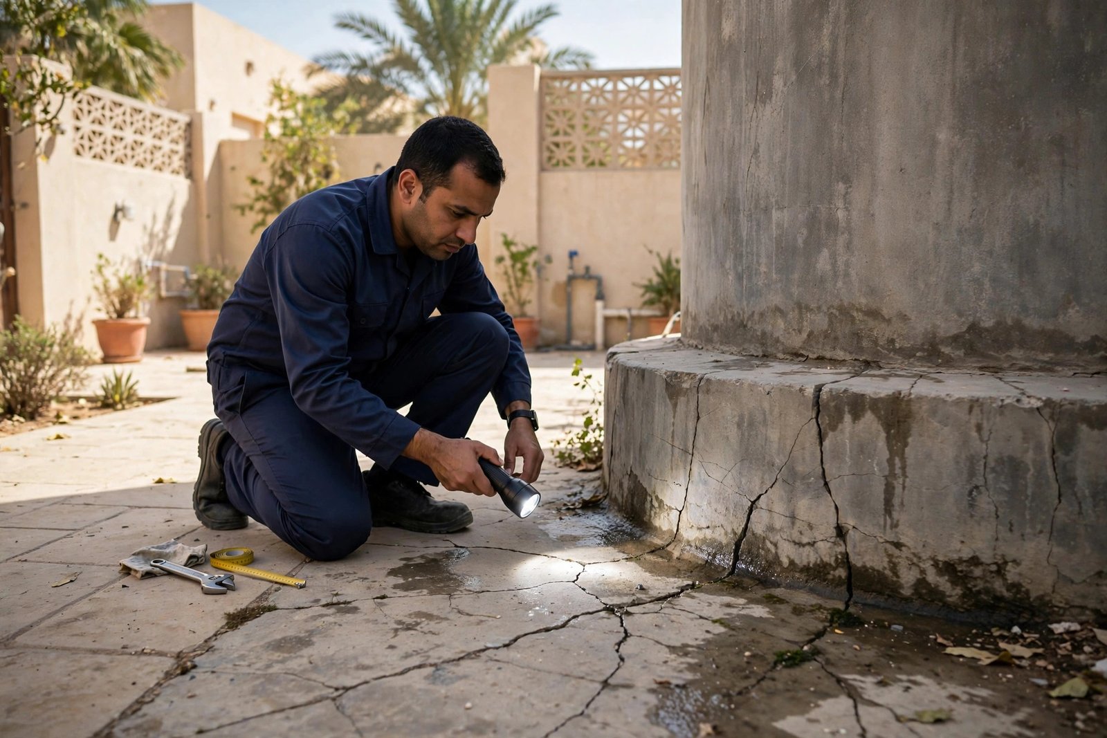 Technician inspecting cracks at a water tank base with a flashlight before waterproofing steps in a Riyadh villa courtyard