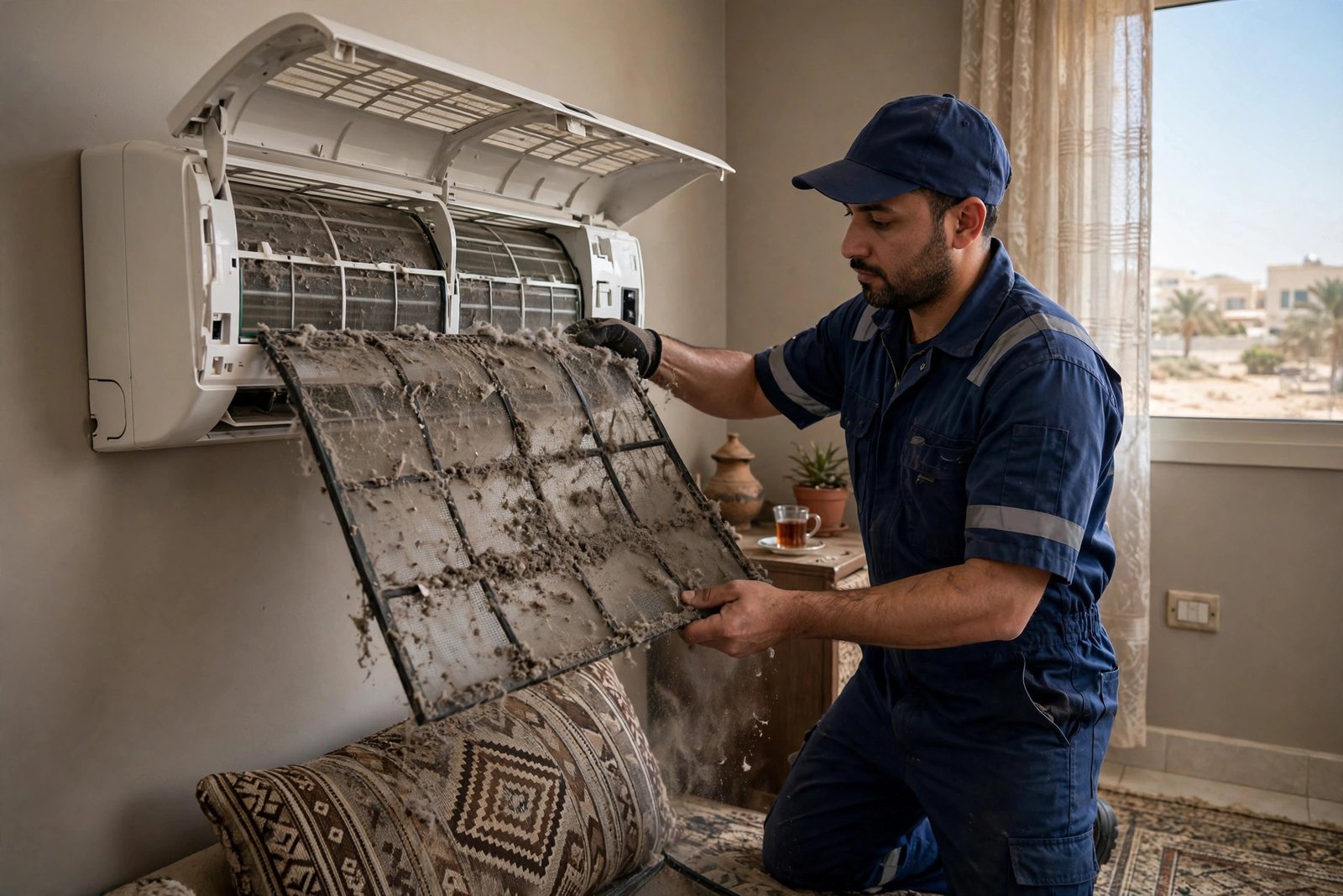 Technician cleaning clogged filters, a top split AC weak airflow cause, inside a Saudi home