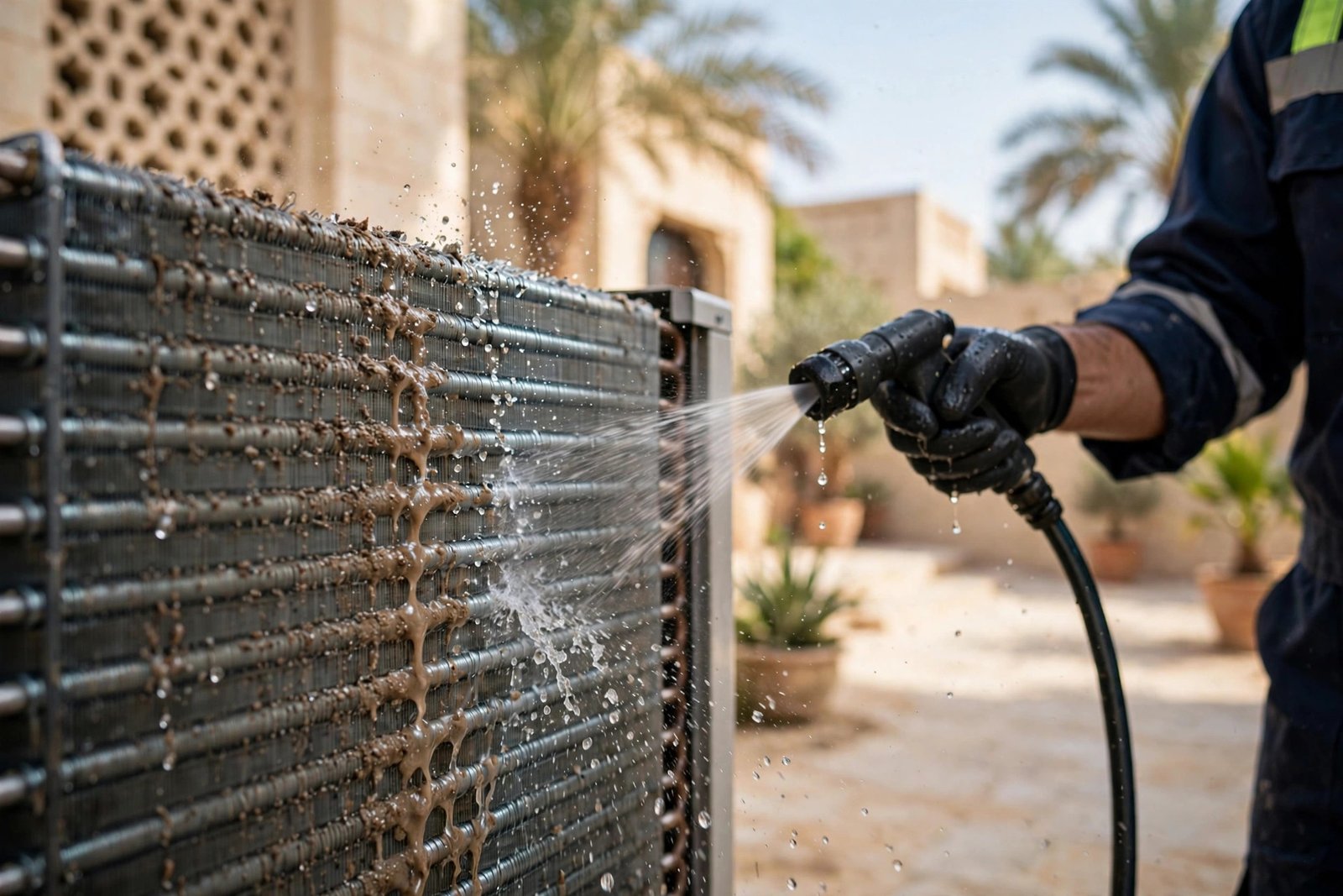 Rinsing condenser coils with a garden hose, one of the simplest ac condenser coil cleaning tips for Riyadh homes