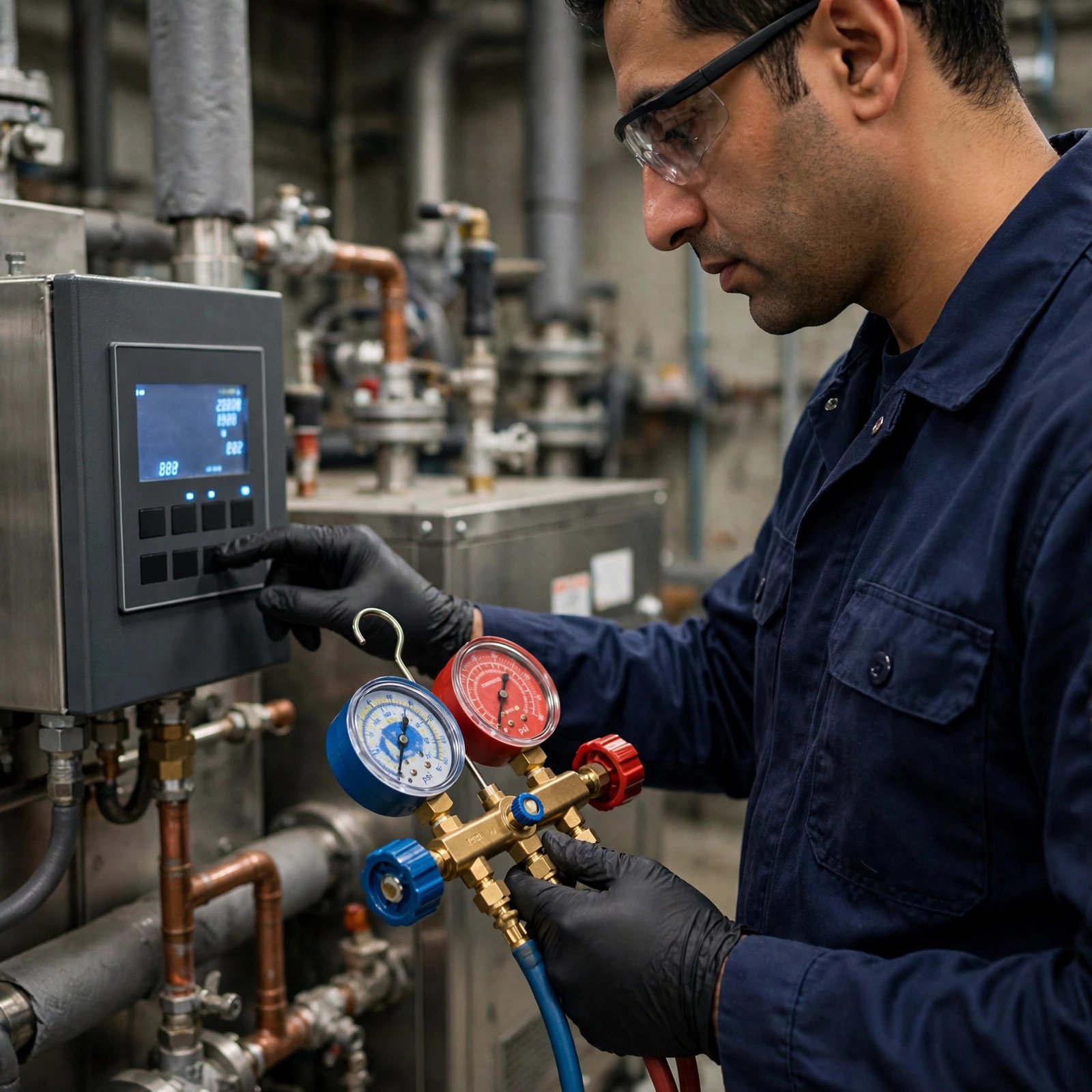 Technician checking refrigerant gauges and chiller control panel during a chiller maintenance checklist visit