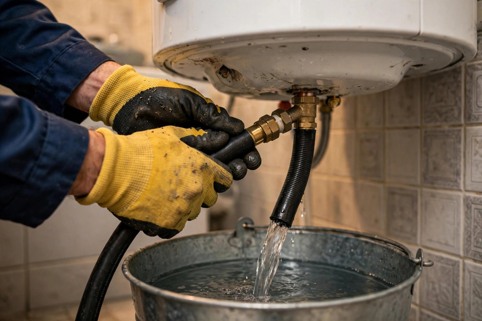 Plumber draining a water heater to check for common water heater leaking causes