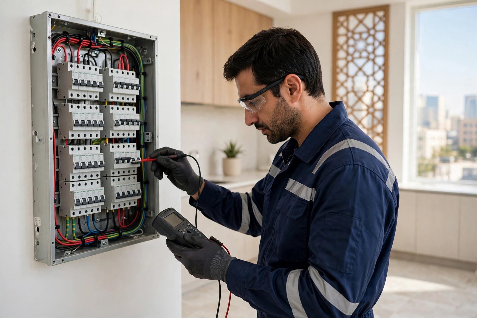 SheelTalab electrician testing breaker trip performance, part of understanding mcb vs mccb differences in Riyadh homes