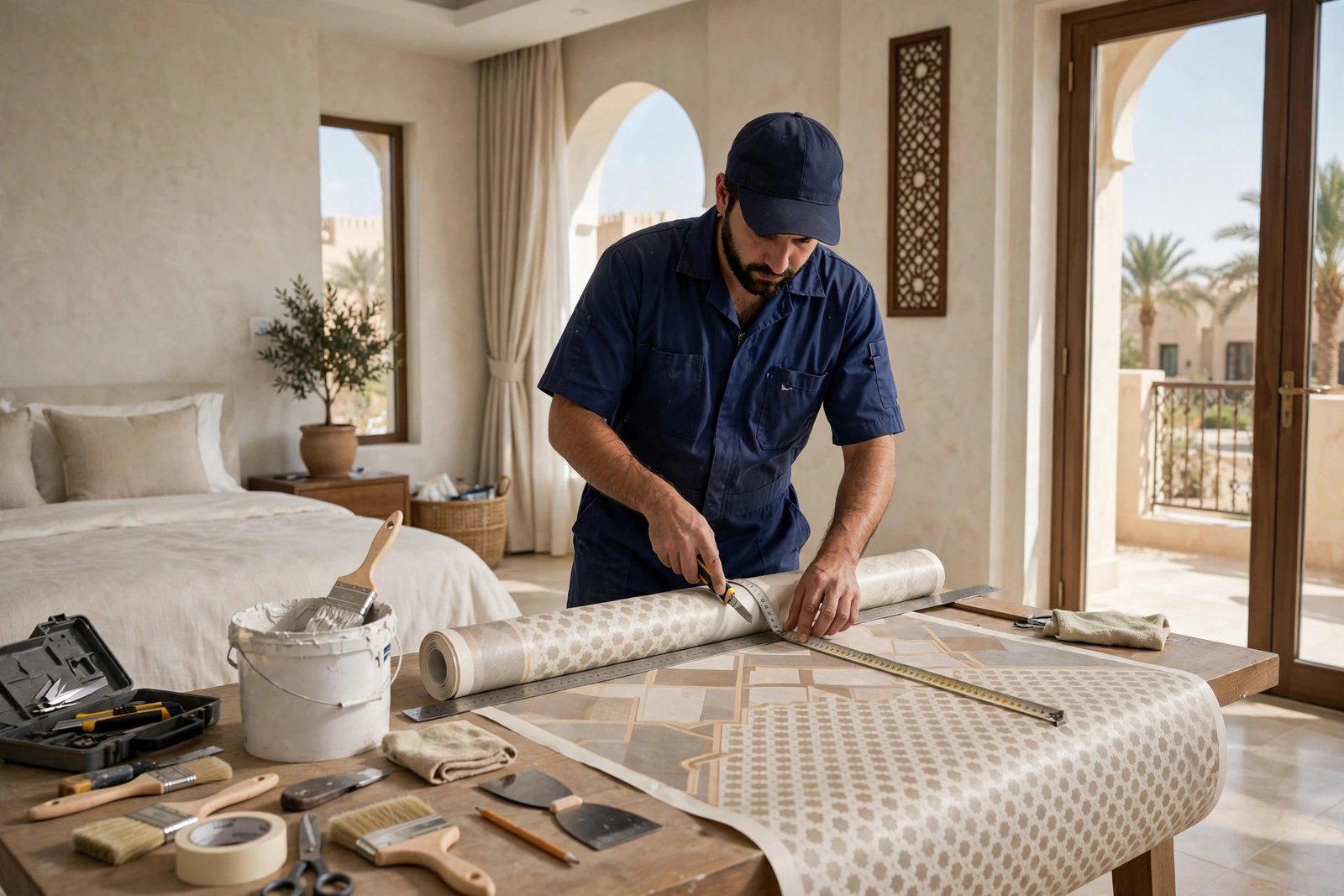 Wallpaper installation cost riyadh: painter measuring and cutting a wallpaper roll on a pasting table inside a Riyadh villa bedroom