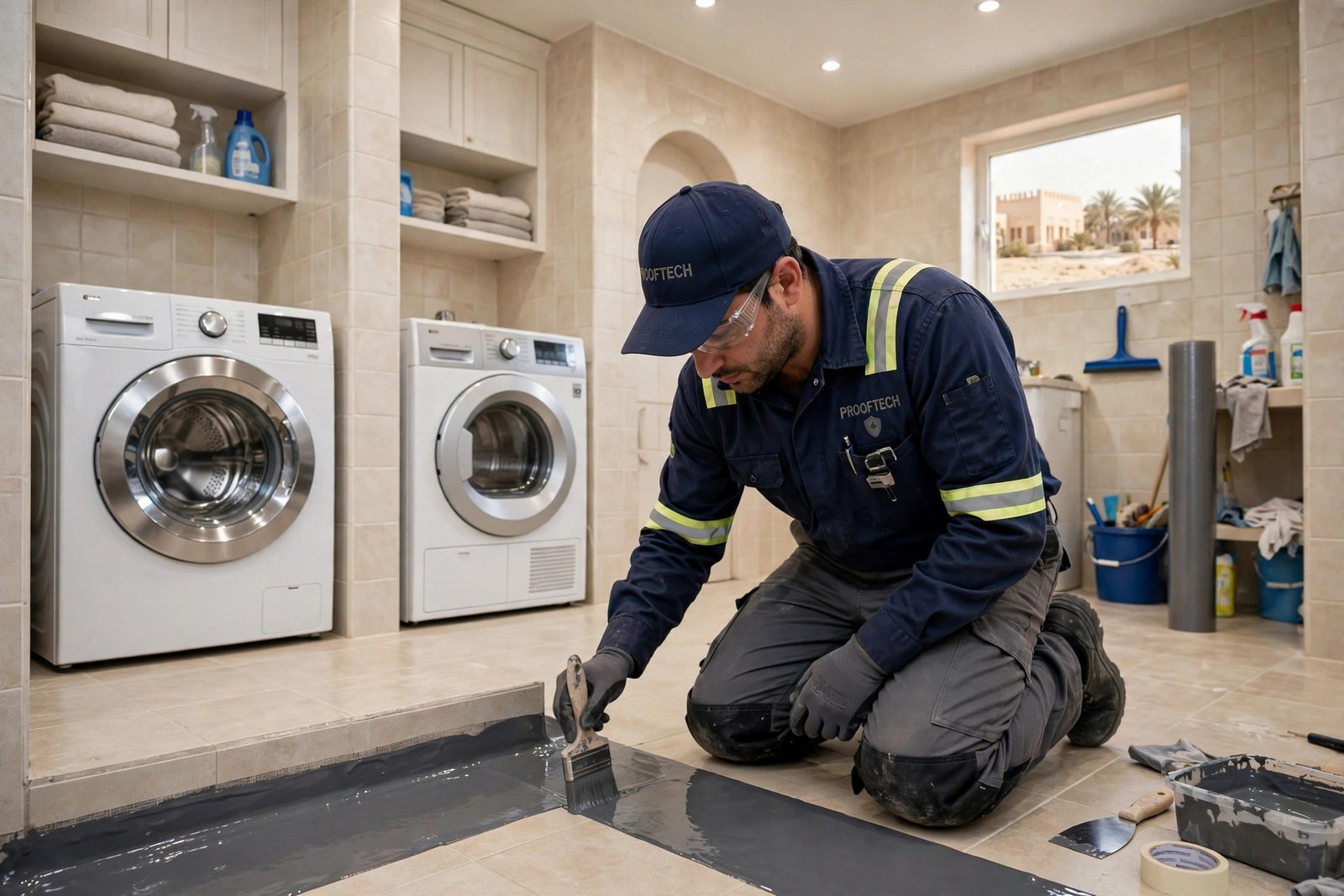 Sealing wall-to-floor joints, one of the five laundry room waterproofing areas, in a modern laundry room