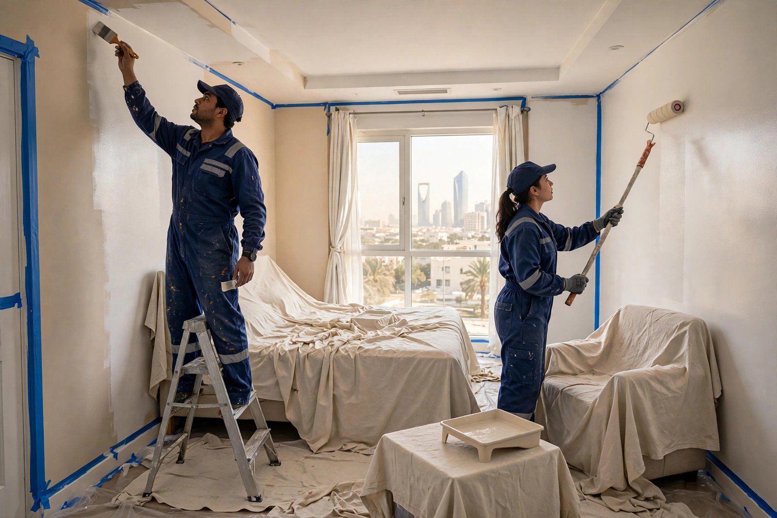 Uniformed painters at work in a Riyadh apartment bedroom, included in standard apartment painting cost Riyadh quotes