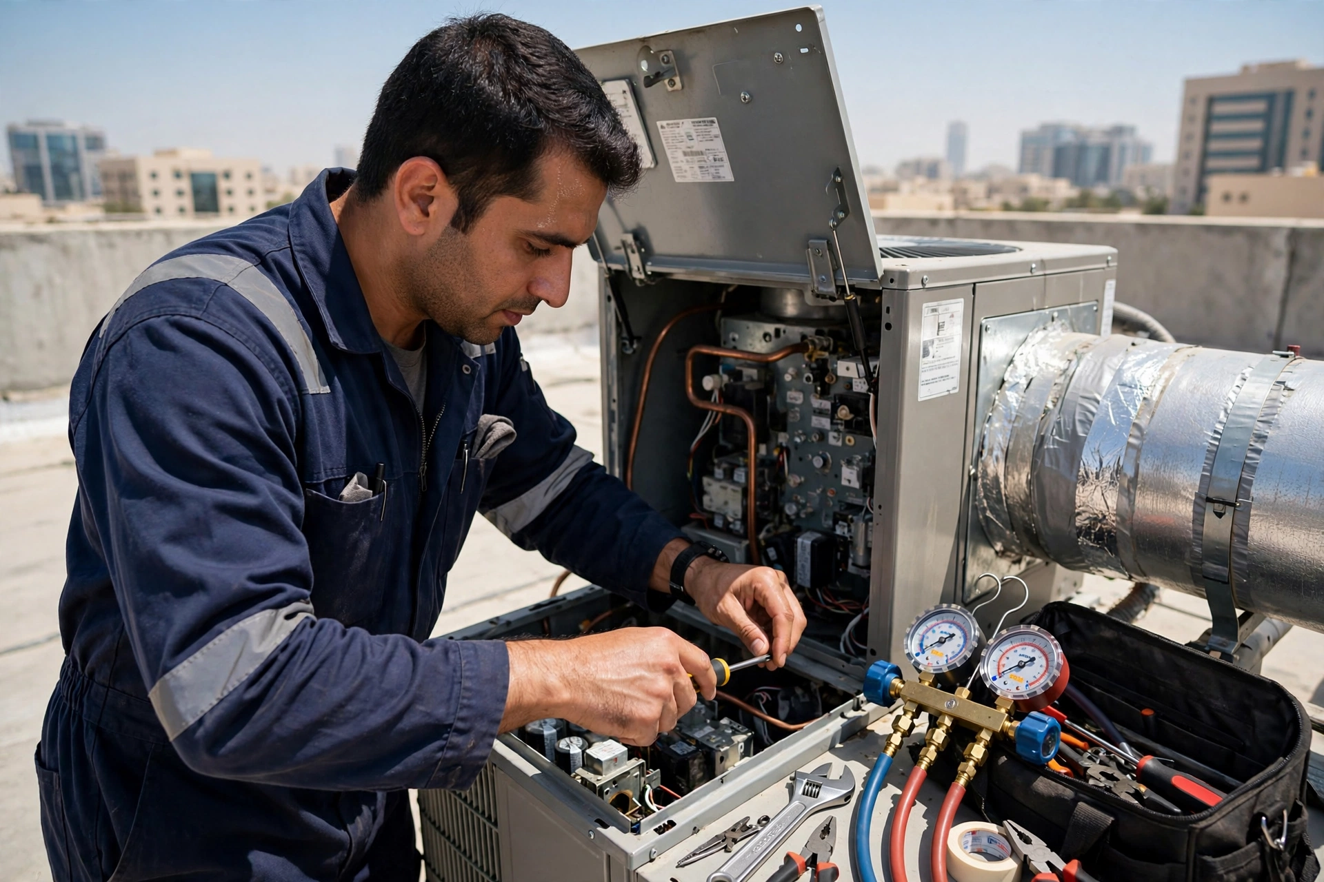 Package AC units pros include easy maintenance: technician checking the service panel of a rooftop package AC unit