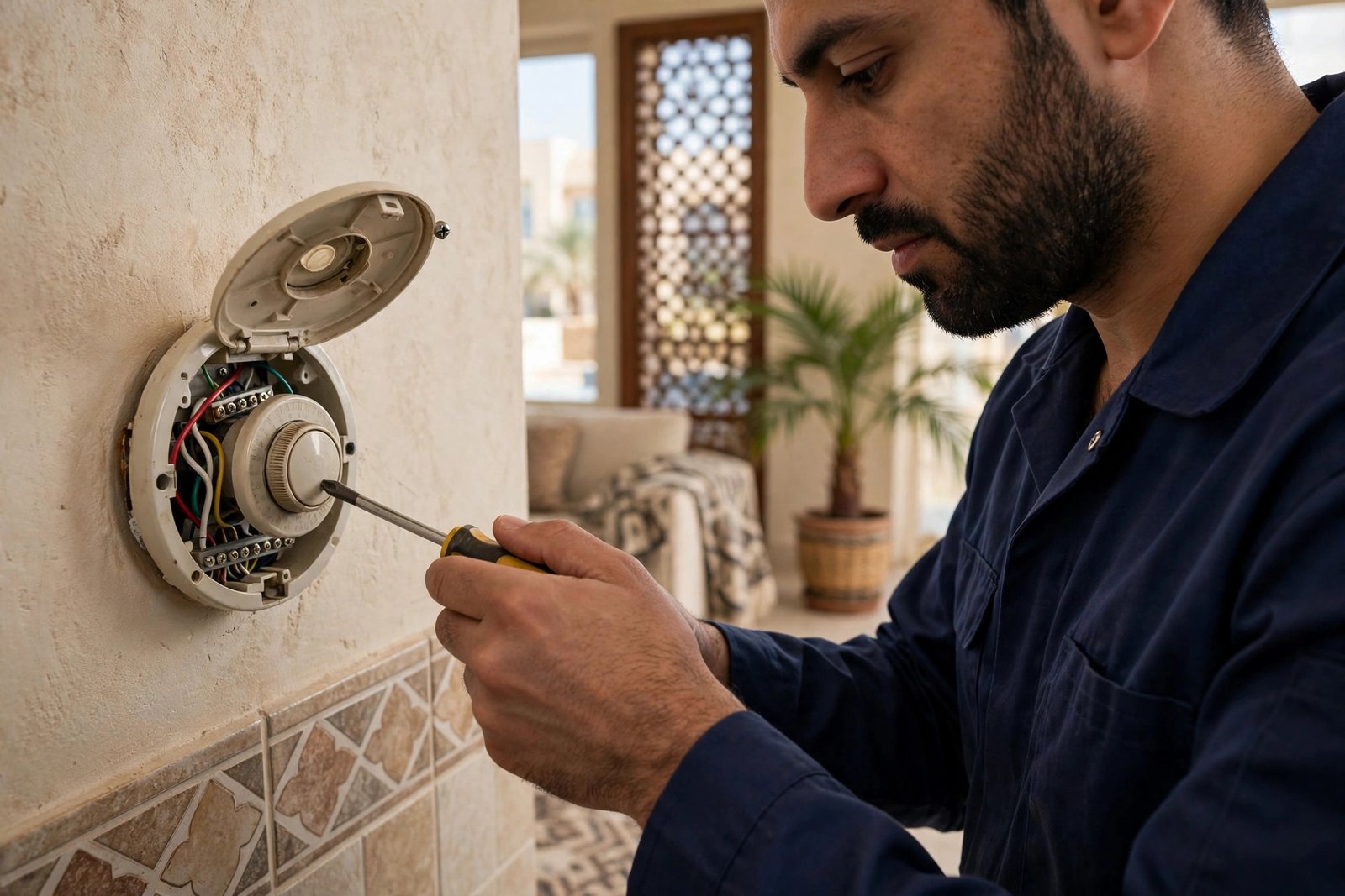 Technician opening an old manual thermostat to check wiring, ac thermostat replacement cost riyadh diagnosis