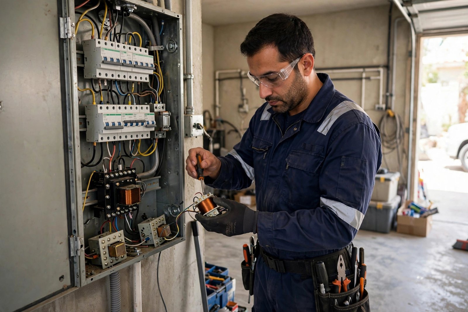 Electrician replacing a faulty doorbell transformer inside a villa distribution box in Riyadh