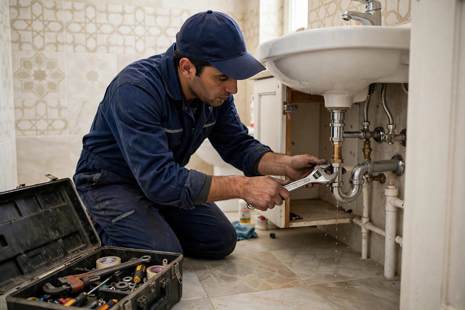 step of washbasin mixer replacement steps: plumber tightening the new mixer tap connections under a bathroom sink in a Saudi home