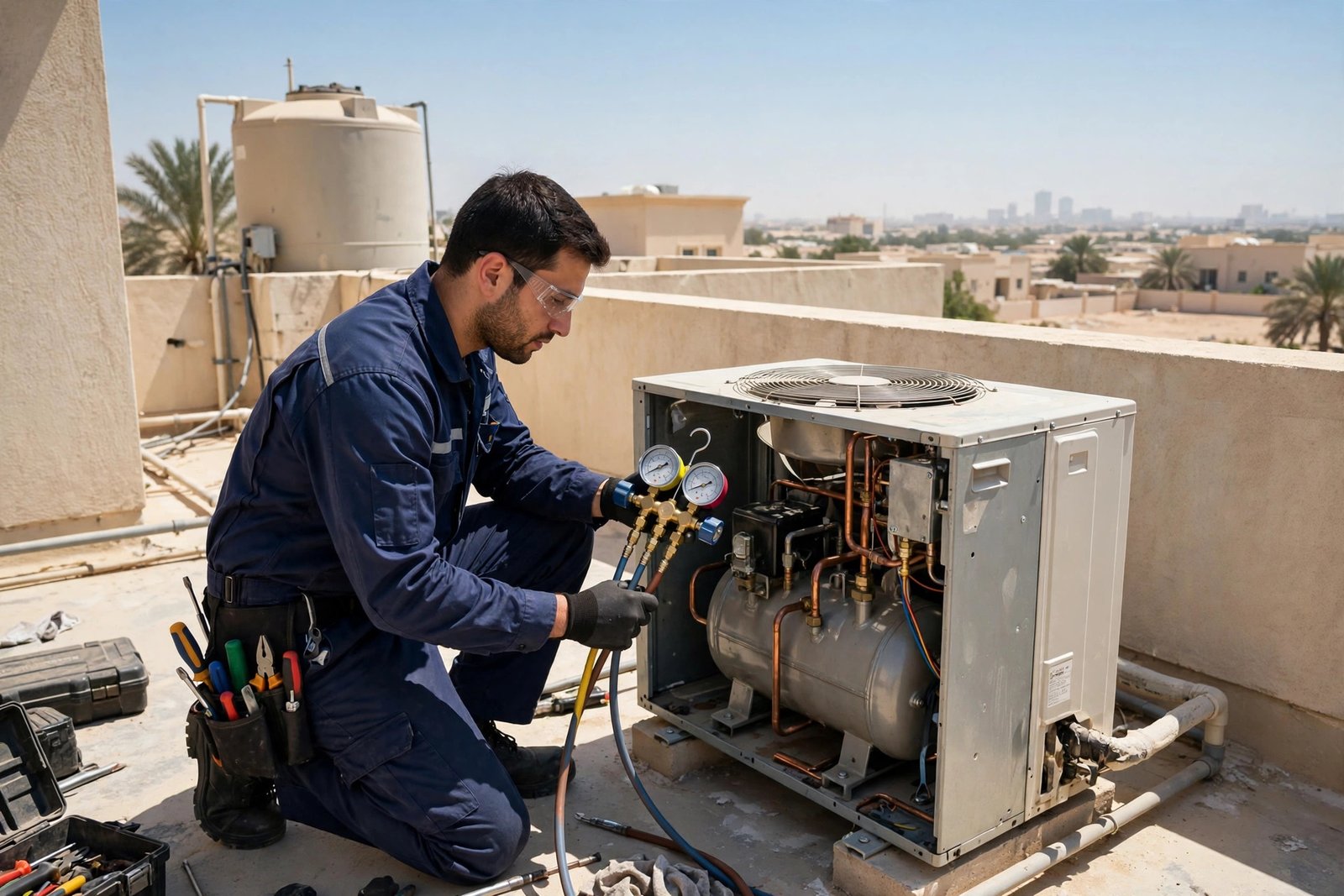 Technician servicing an inverter vs non inverter split ac outdoor compressor unit on a Riyadh rooftop