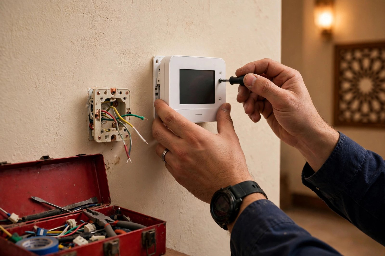 Close-up of AC thermostat replacement signs: technician hands wiring a new digital wall thermostat