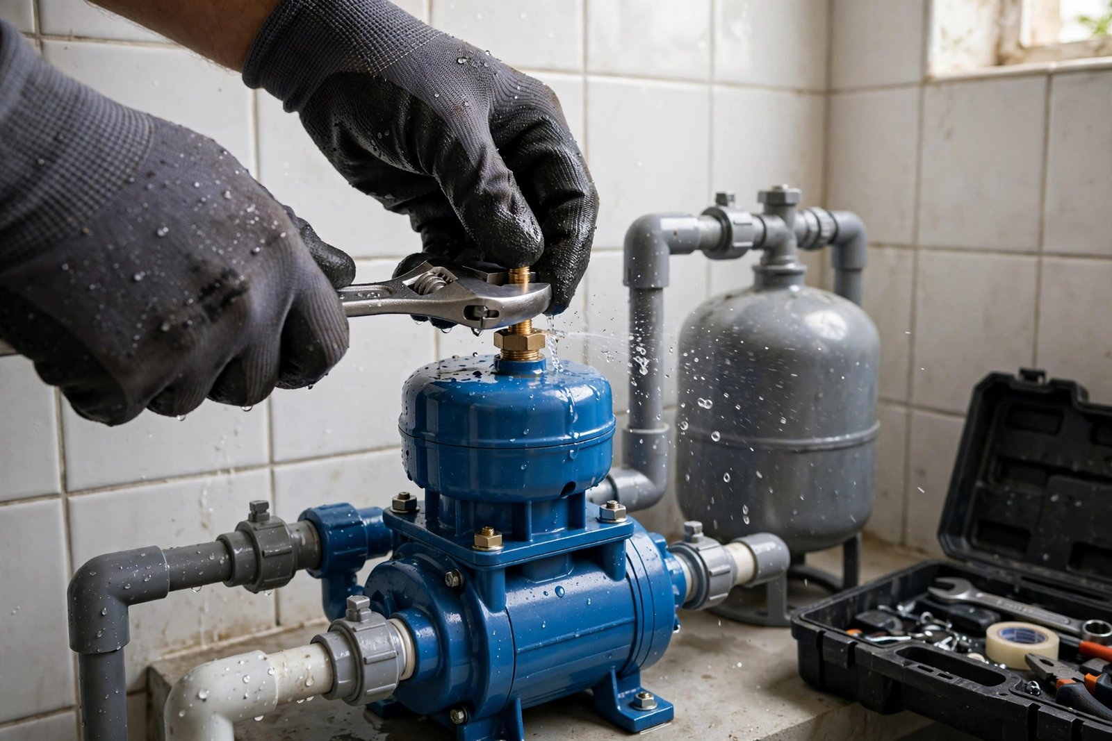 Technician re-priming a water booster pump not working because of an airlock