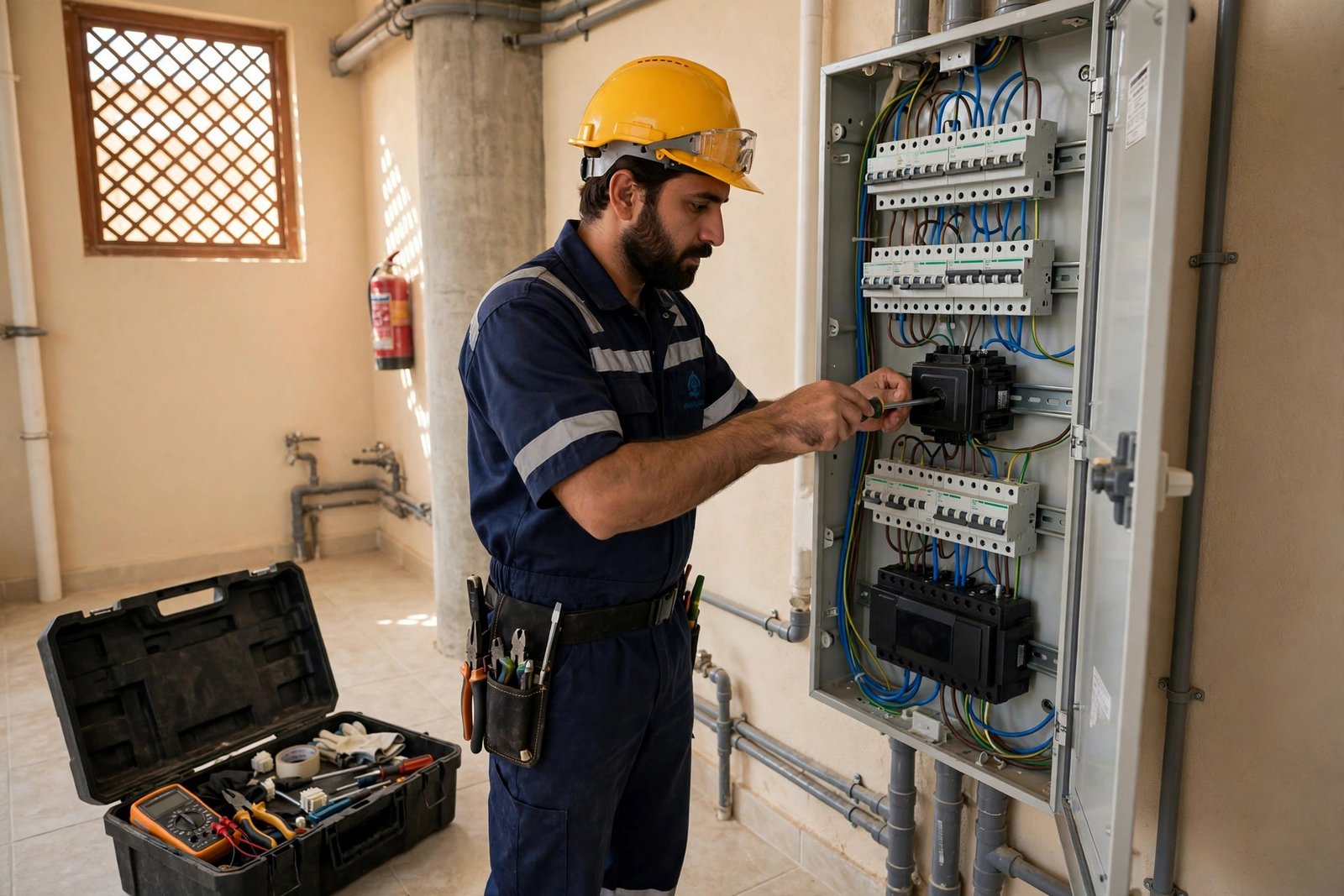 Certified electrician fitting a whole house surge protector at a villa main electrical panel in Riyadh