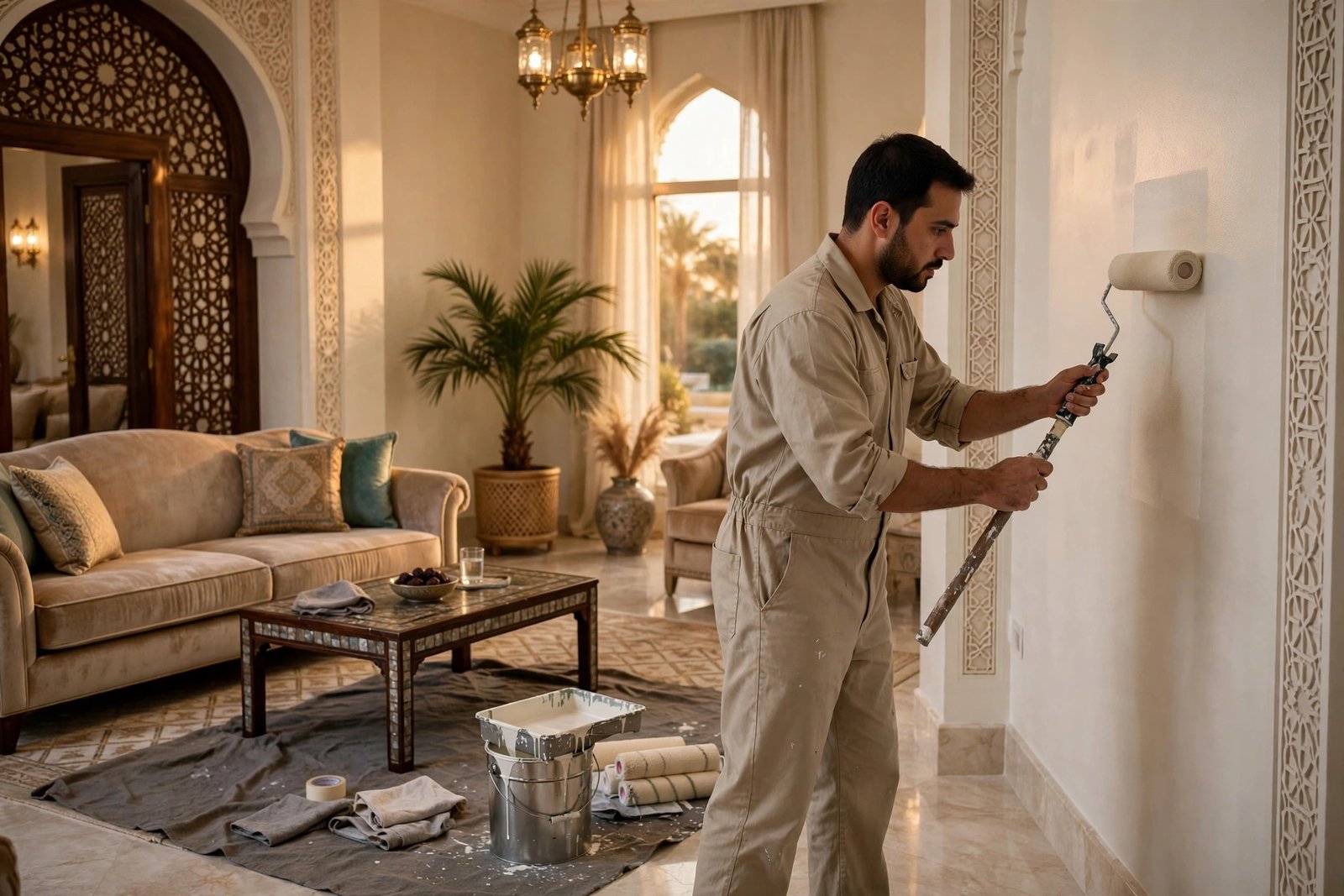 Asian Paints vs Jotun interior paint finishes, painter painting villa living room in Riyadh