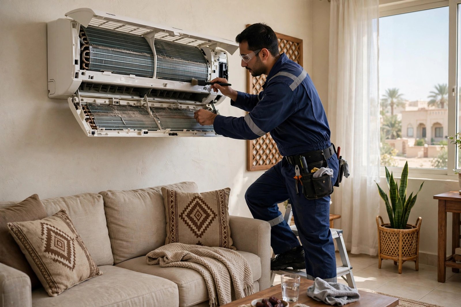 Indoor evaporator coil cleaning during a split AC coil cleaning cost Riyadh service visit