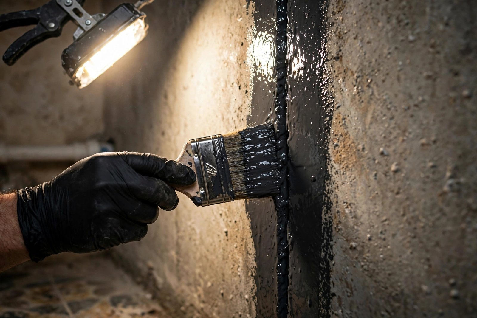 Liquid-applied basement waterproofing methods: coating brushed onto a concrete wall seam