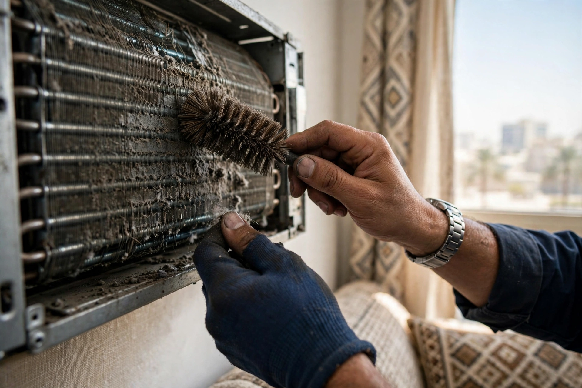 cleaning dusty window AC coils, a major factor in window ac repair cost riyadh