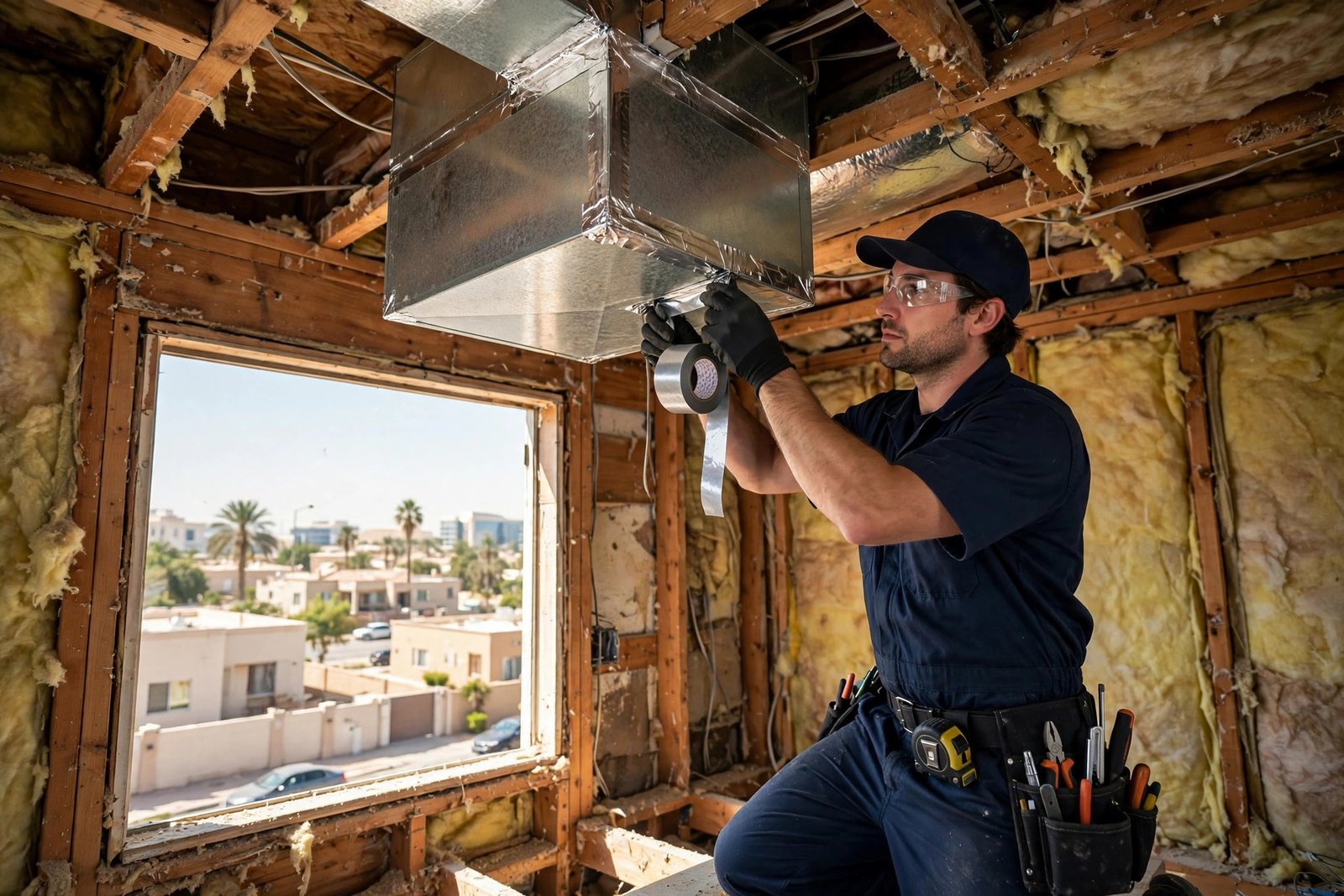 Sealing a leaky metal air duct joint during professional duct repair in Riyadh