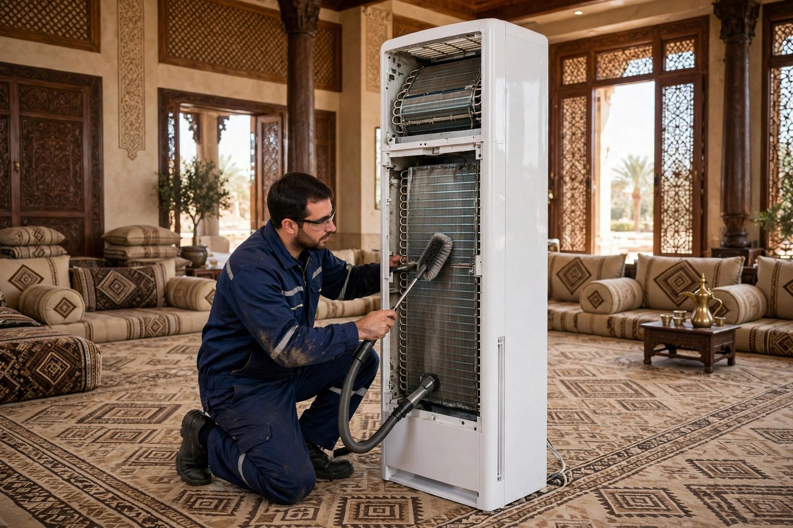 Technician deep cleaning a floor standing AC in a Riyadh majlis during AC maintenance