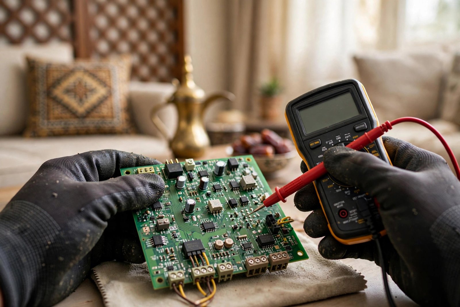 Testing AC PCB failure signs with a multimeter on the control board